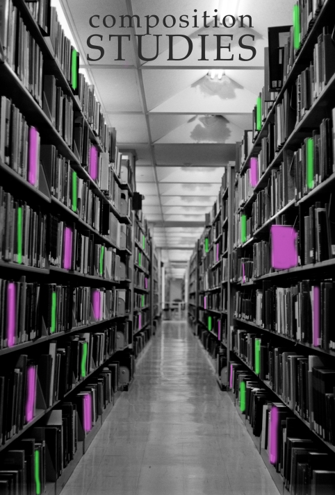 The cover of Composition Studies, volume 27, issue 2, which
                                features an black-and-white photo of library aisle with certain
                                books colored green and pink 