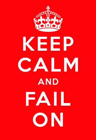 A red background with white text saying keep calm and fail on topped by a crown.
